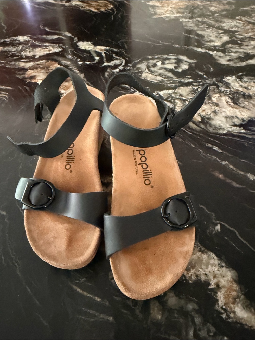 Papillio Black Leather Buckle Strap Sandals